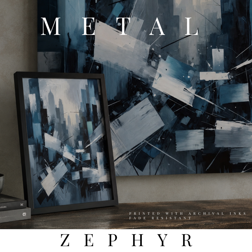 Zephyr metal print skyline shown in product view in 12 x 12 inch universal size