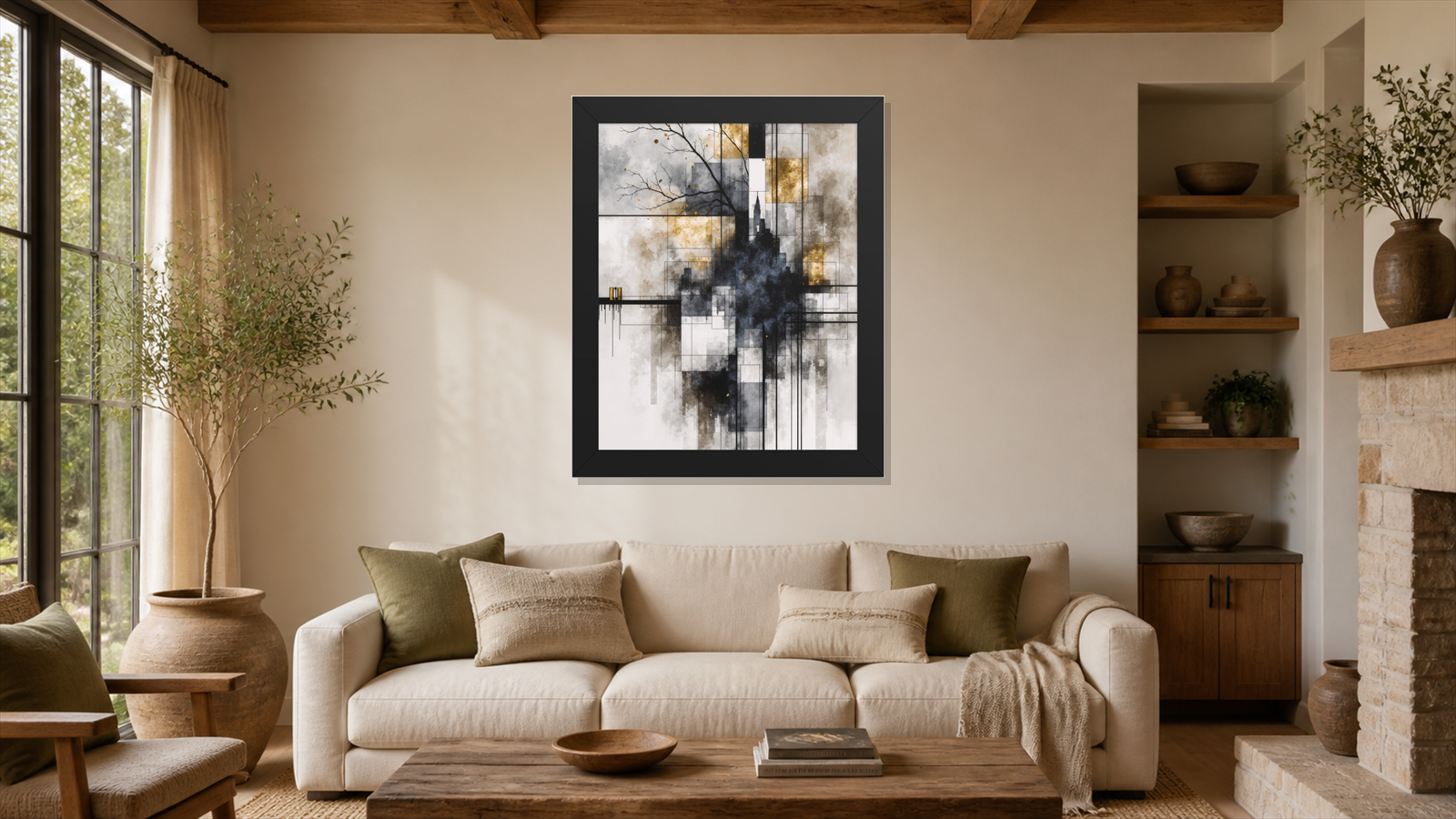Alchemy framed paper at 24x36 inch (portrait) scale in a premium residential living room