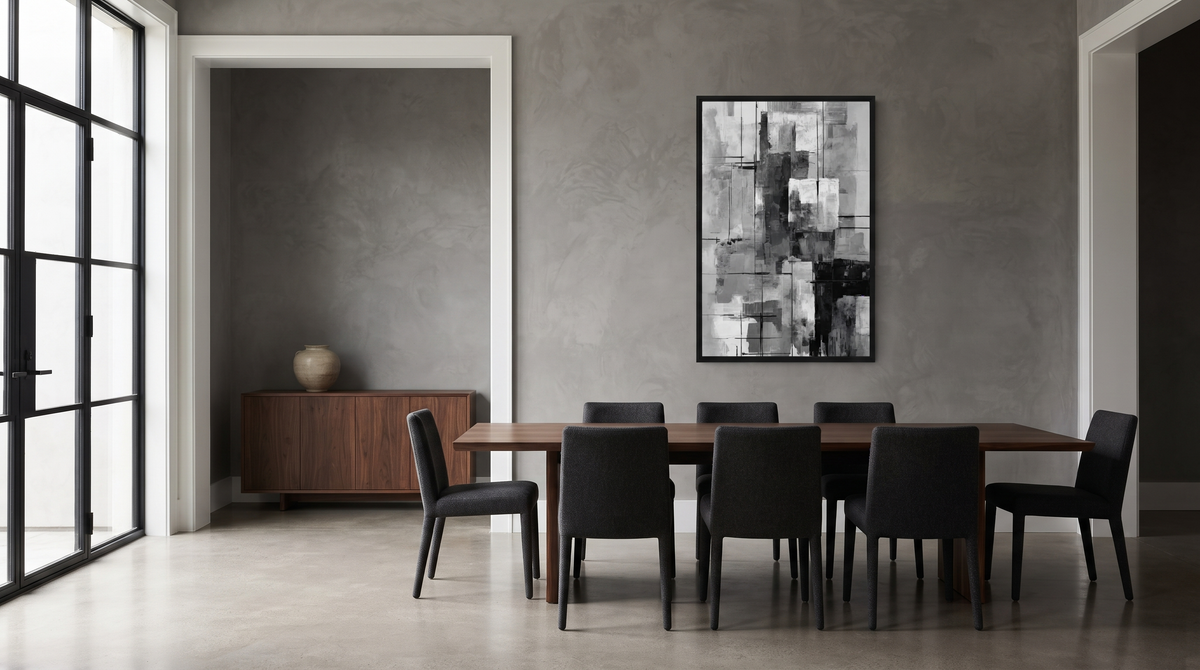 Align framed paper at accurate residential scale in a modern dining room