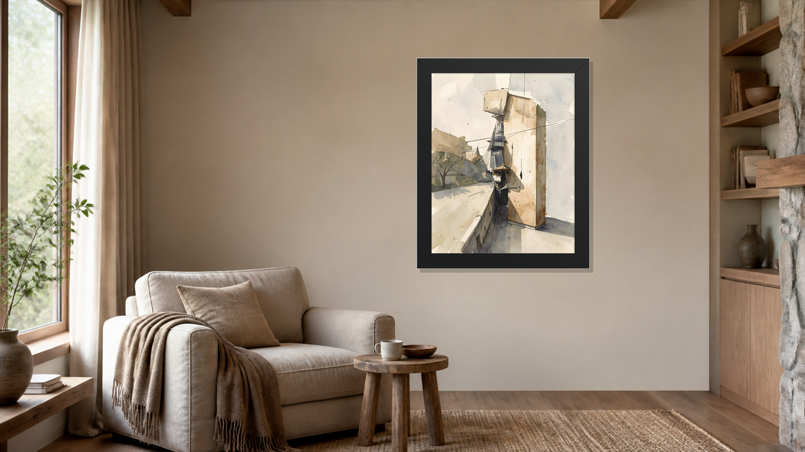 Alley framed paper at 24x36 inch (portrait) scale in a premium residential reading nook