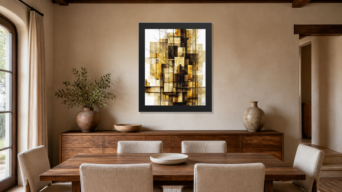 Altin framed paper at 24x36 inch (portrait) scale in a premium residential dining room