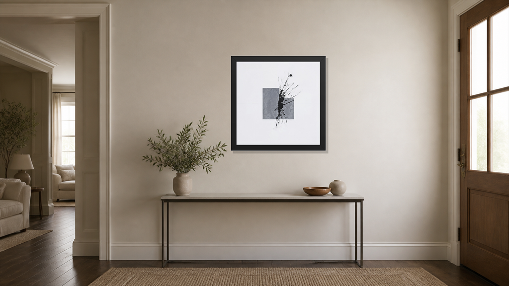Atlas framed paper at 16x16 inch (square) scale in a premium residential entry/foyer