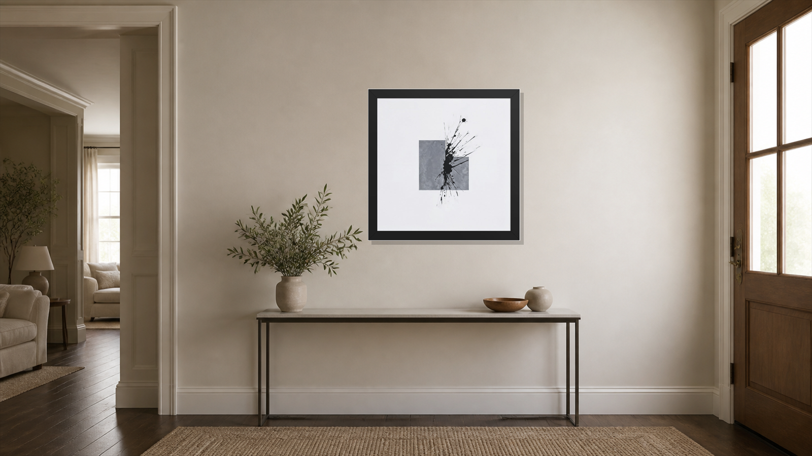 Atlas framed paper at 16x16 inch (square) scale in a premium residential entry/foyer