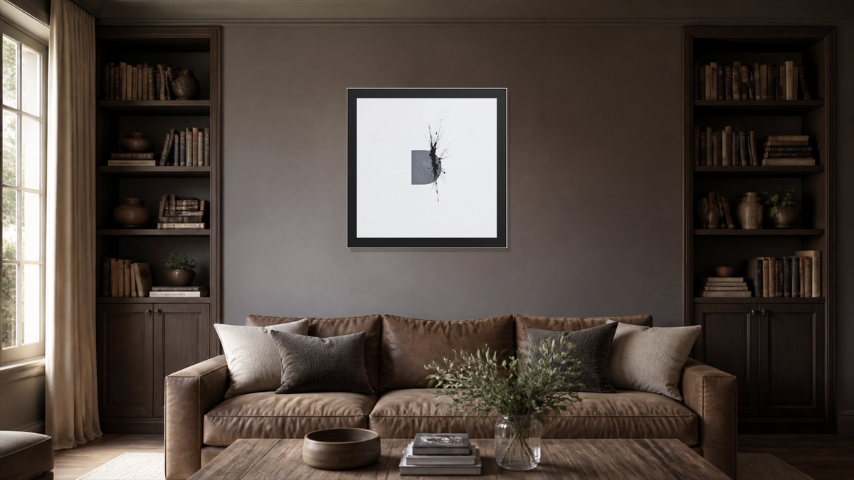 Behemoth framed paper at 16x16 inch (square) scale in a premium residential lounge/library