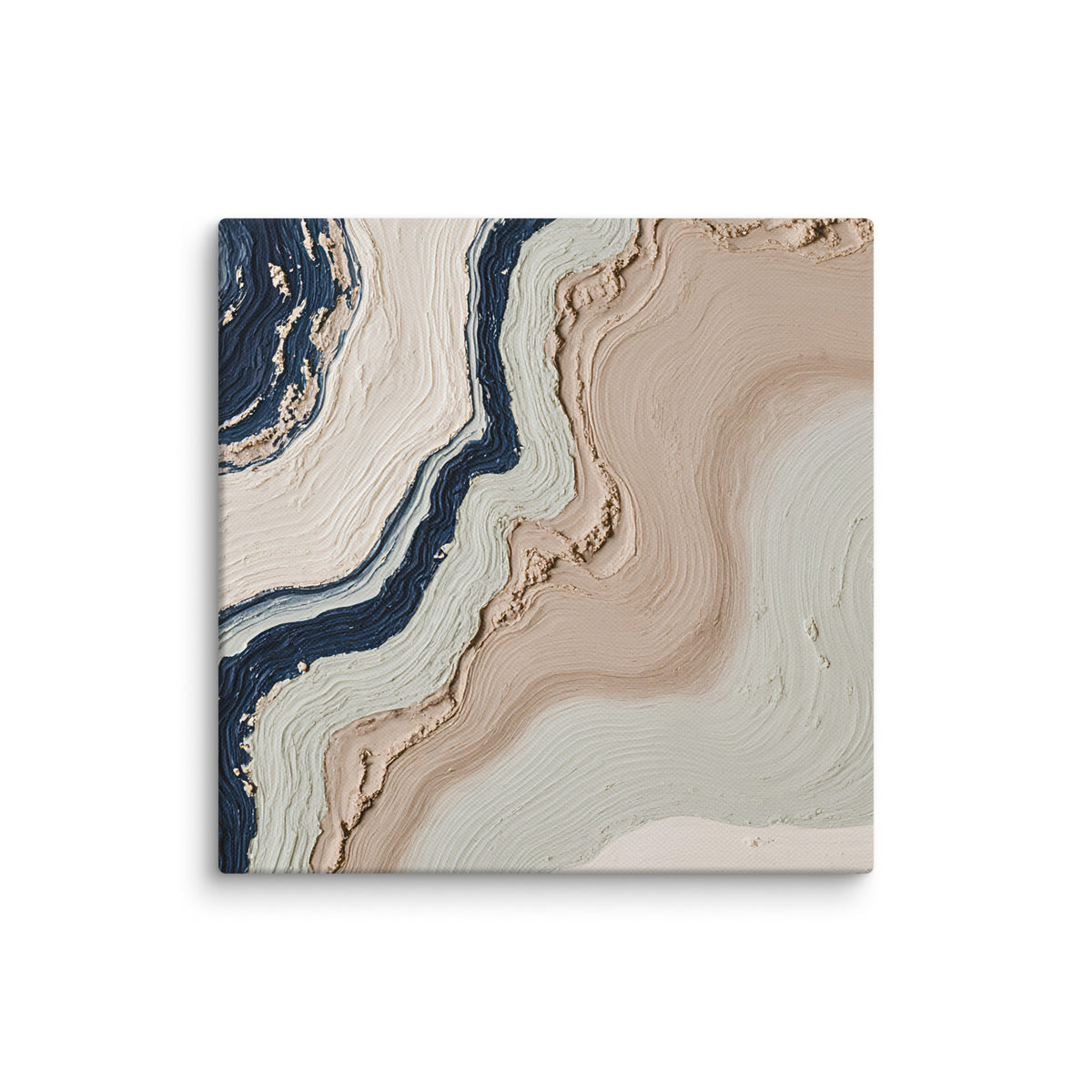Striata canvas artwork with rhythmic bands of mineral color and sediment-like layers, shown on white.