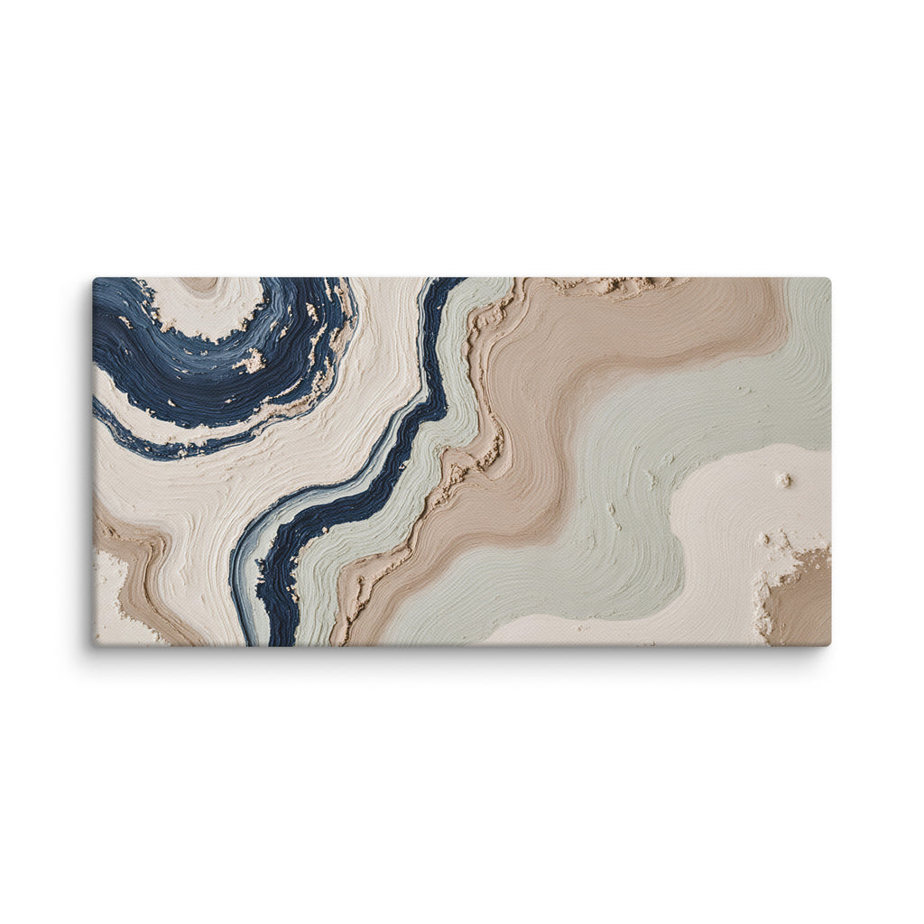Striata canvas artwork with rhythmic bands of mineral color and sediment-like layers, shown on white.