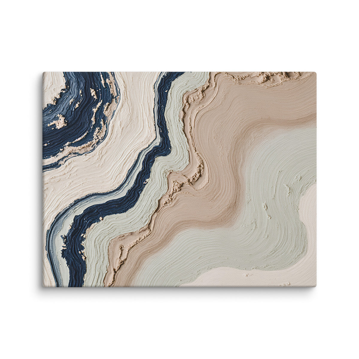Striata canvas artwork with rhythmic bands of mineral color and sediment-like layers, shown on white.