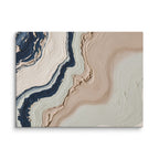 Striata canvas artwork with rhythmic bands of mineral color and sediment-like layers, shown on white.