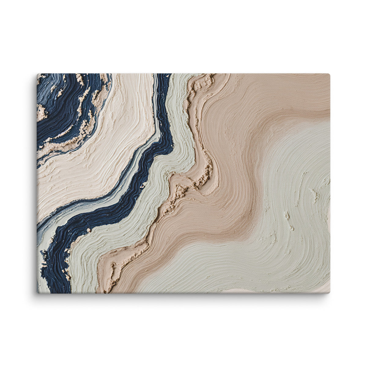 Striata canvas artwork with rhythmic bands of mineral color and sediment-like layers, shown on white.