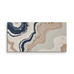 Striata canvas artwork with rhythmic bands of mineral color and sediment-like layers, shown on white.