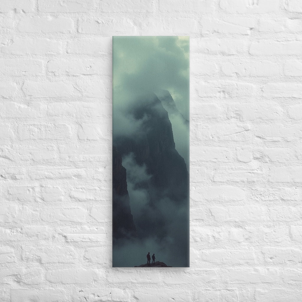Before the Veiled Peak, tall wrapped canvas print: two figures on a rocky summit before a colossal mist-veiled mountain peak.