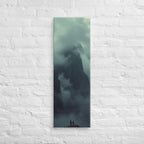 Before the Veiled Peak, tall wrapped canvas print: two figures on a rocky summit before a colossal mist-veiled mountain peak.