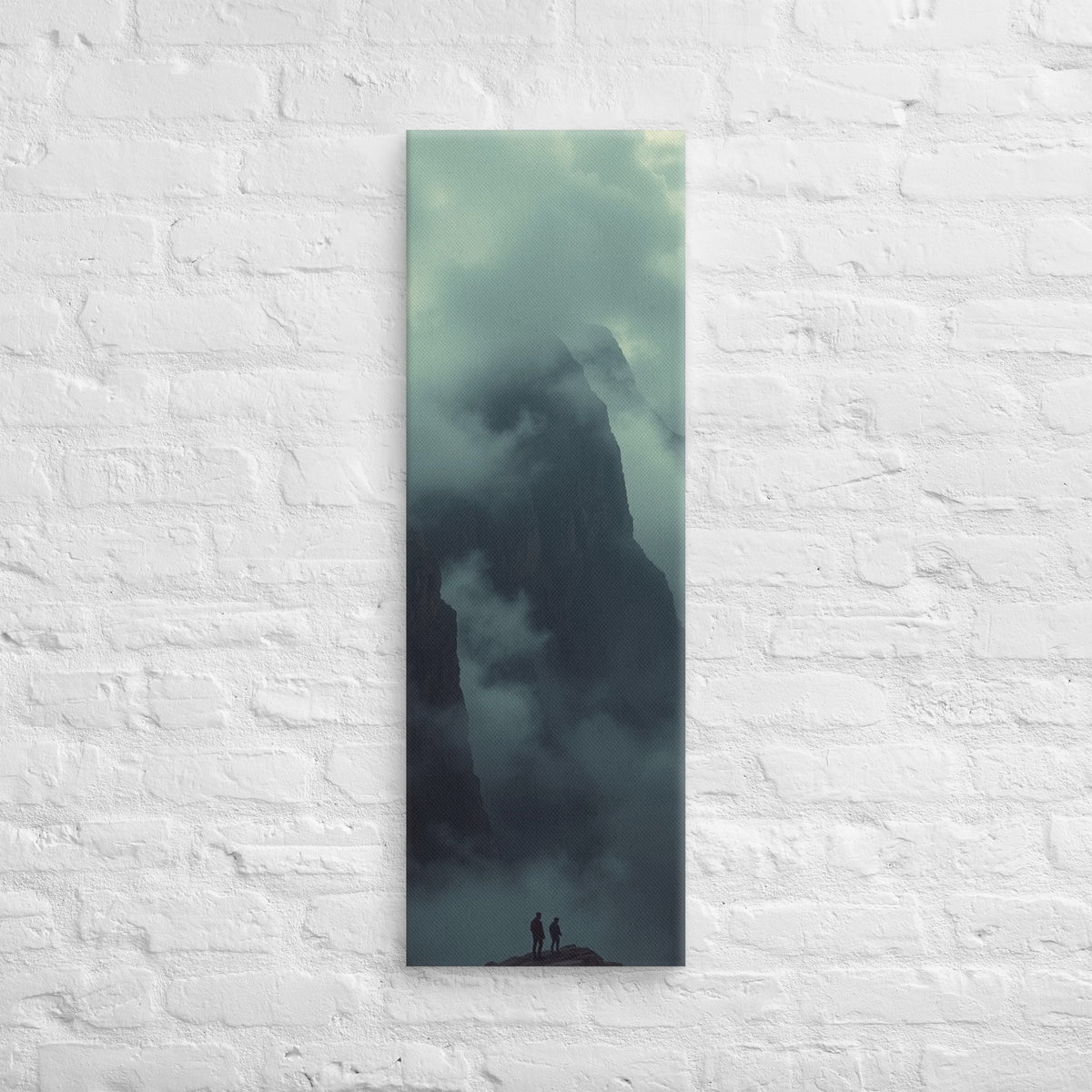 Before the Veiled Peak, tall wrapped canvas print: two figures on a rocky summit before a colossal mist-veiled mountain peak.