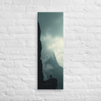 The Hidden Mountain, tall wrapped canvas print: two figures on a ledge facing a dark mountain mass half-hidden in bright mist.