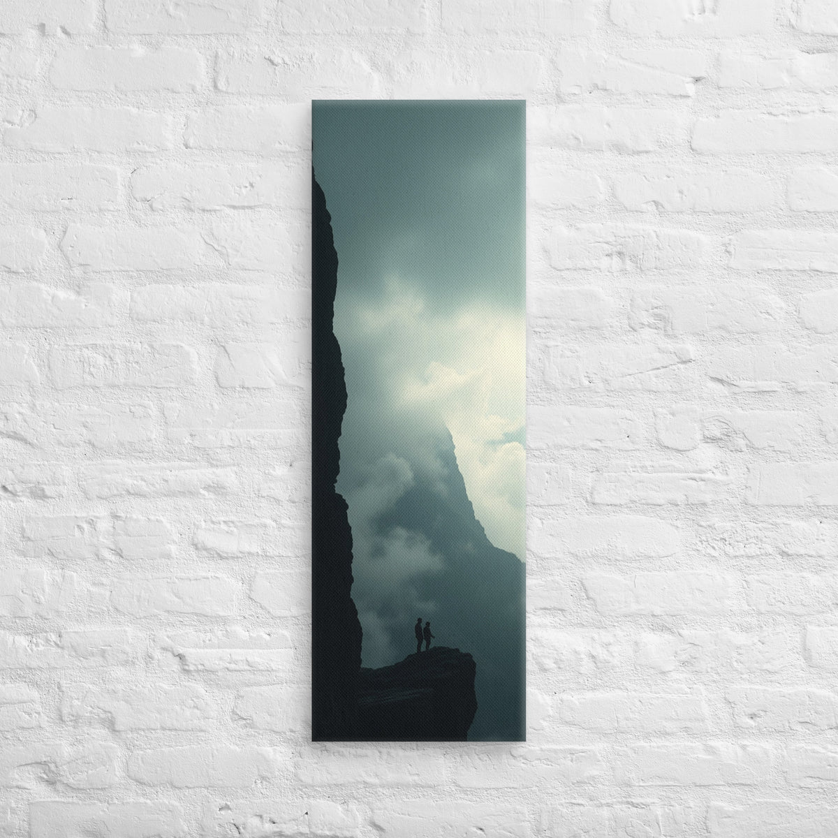 The Hidden Mountain, tall wrapped canvas print: two figures on a ledge facing a dark mountain mass half-hidden in bright mist.