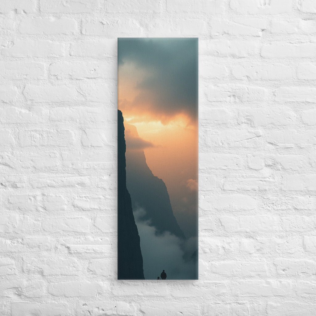 An Ember in the Gorge, tall wrapped canvas print: two figures on a ledge facing a gorge glowing ember-orange at sunset.