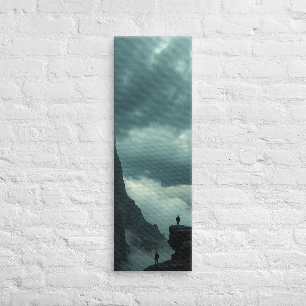 On Separate Ledges, tall wrapped canvas print: two figures standing apart on separate rocky pinnacles amid streaming clouds.