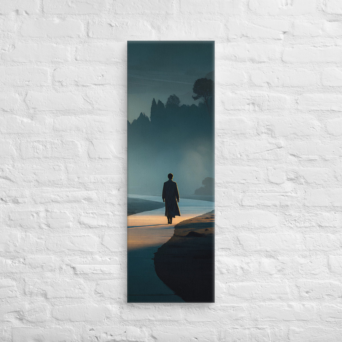 Along the Quiet Shore, tall wrapped canvas print: a solitary figure walking a misty shoreline path at blue hour.