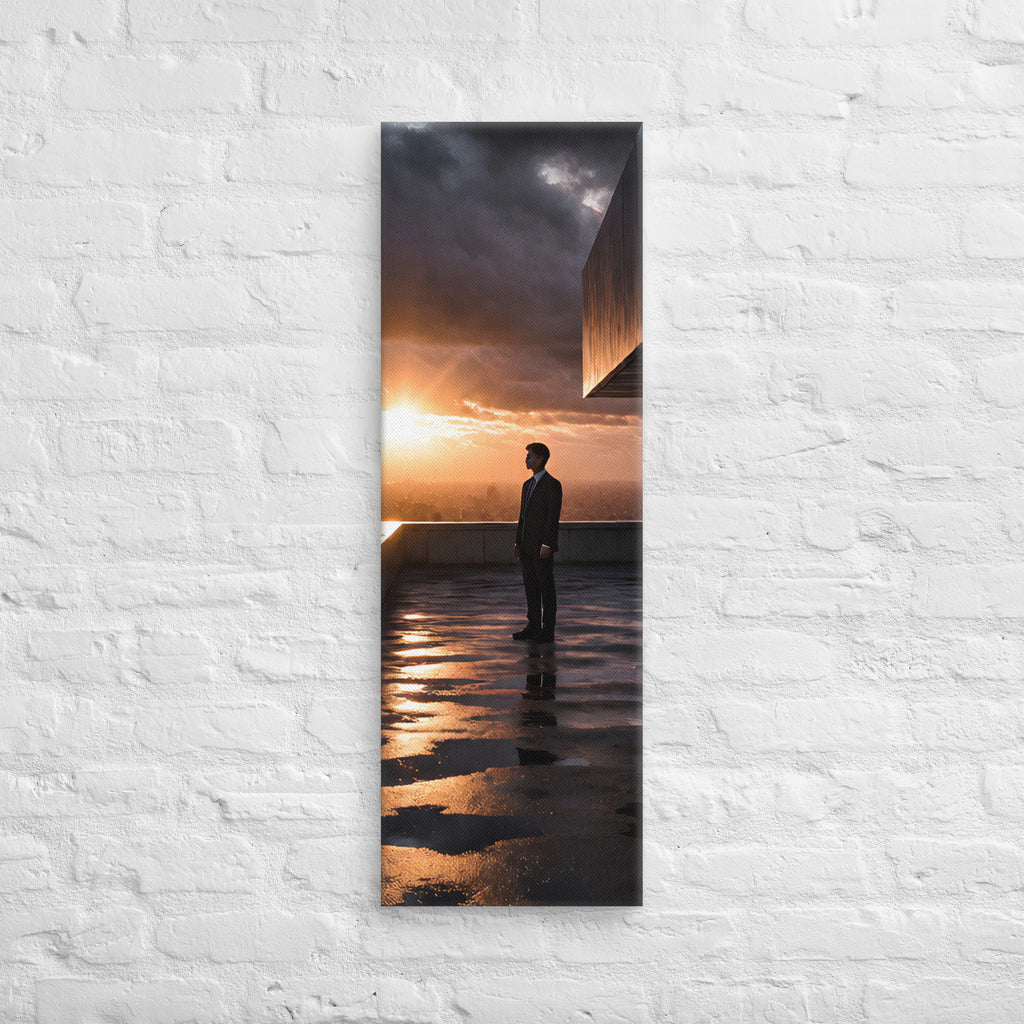 Sunset Beneath the Overhang, tall wrapped canvas print: a suited figure on a rain-slicked rooftop terrace beneath a dark overhang at sunset.