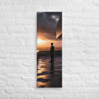 Sunset Beneath the Overhang, tall wrapped canvas print: a suited figure on a rain-slicked rooftop terrace beneath a dark overhang at sunset.