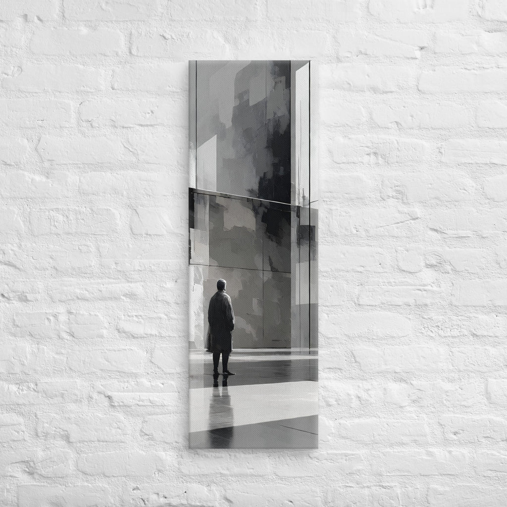 The Silent Gallery, tall wrapped canvas print: a solitary figure before a vast grey abstract architectural wall.