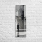 The Silent Gallery, tall wrapped canvas print: a solitary figure before a vast grey abstract architectural wall.