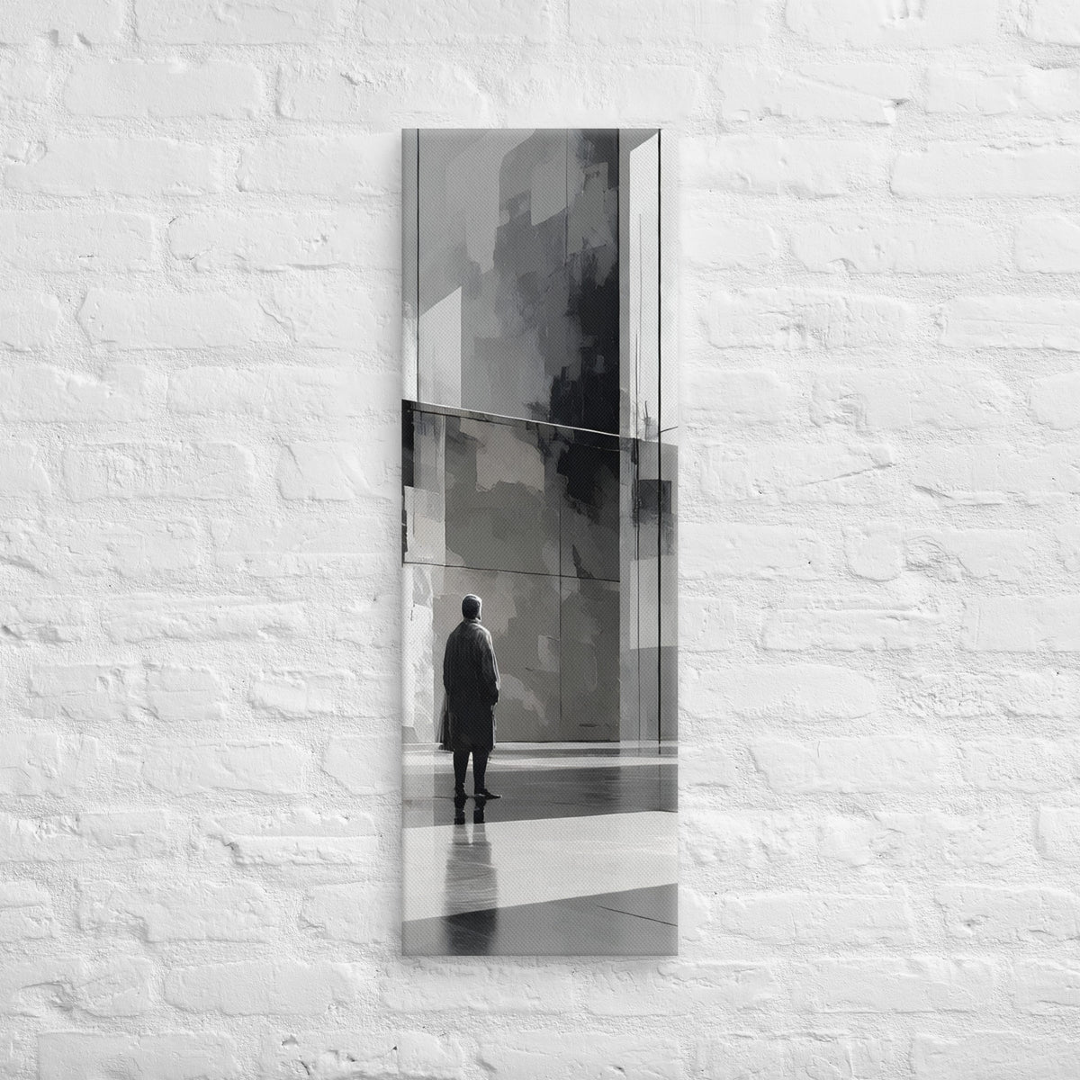 The Silent Gallery, tall wrapped canvas print: a solitary figure before a vast grey abstract architectural wall.