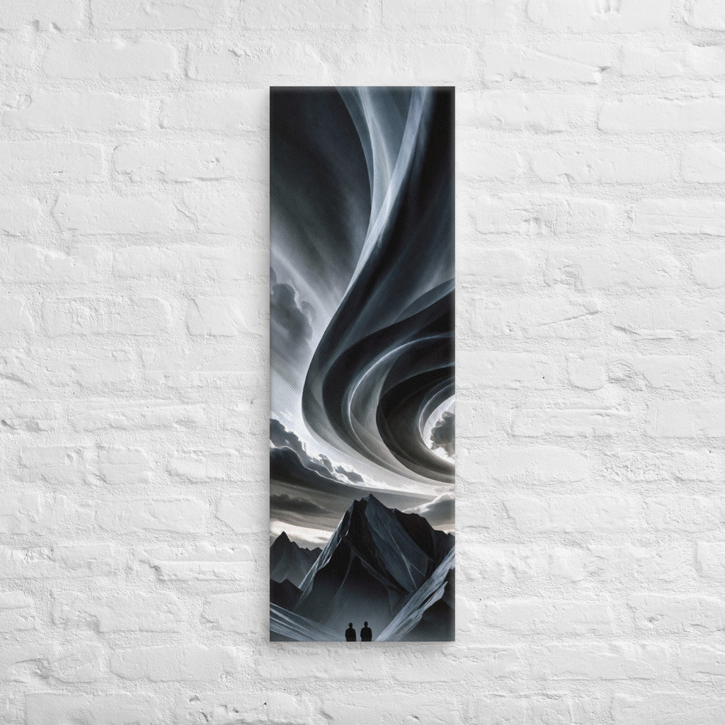 The Sky in Ribbons, tall wrapped canvas print: two figures beneath a sky of swirling ribbon-like clouds above dark mountain peaks.