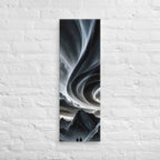The Sky in Ribbons, tall wrapped canvas print: two figures beneath a sky of swirling ribbon-like clouds above dark mountain peaks.