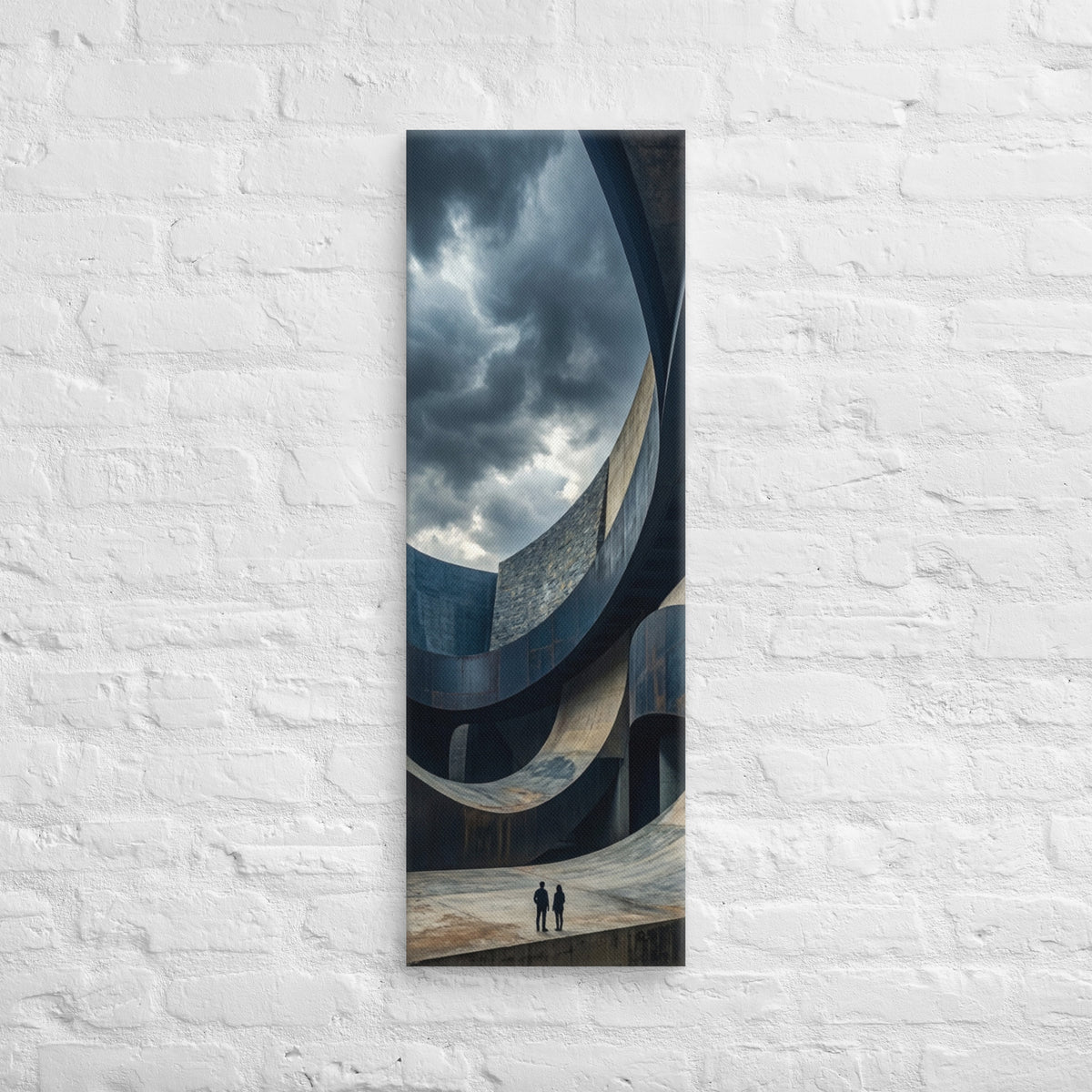 The Curving Courtyard, tall wrapped canvas print: two tiny figures in a vast courtyard of sweeping curved stone and concrete walls.