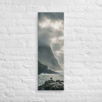 Where the Cliffs Meet the Sea, tall wrapped canvas print: two figures on wave-washed rocks where tall cliffs meet a churning sea.