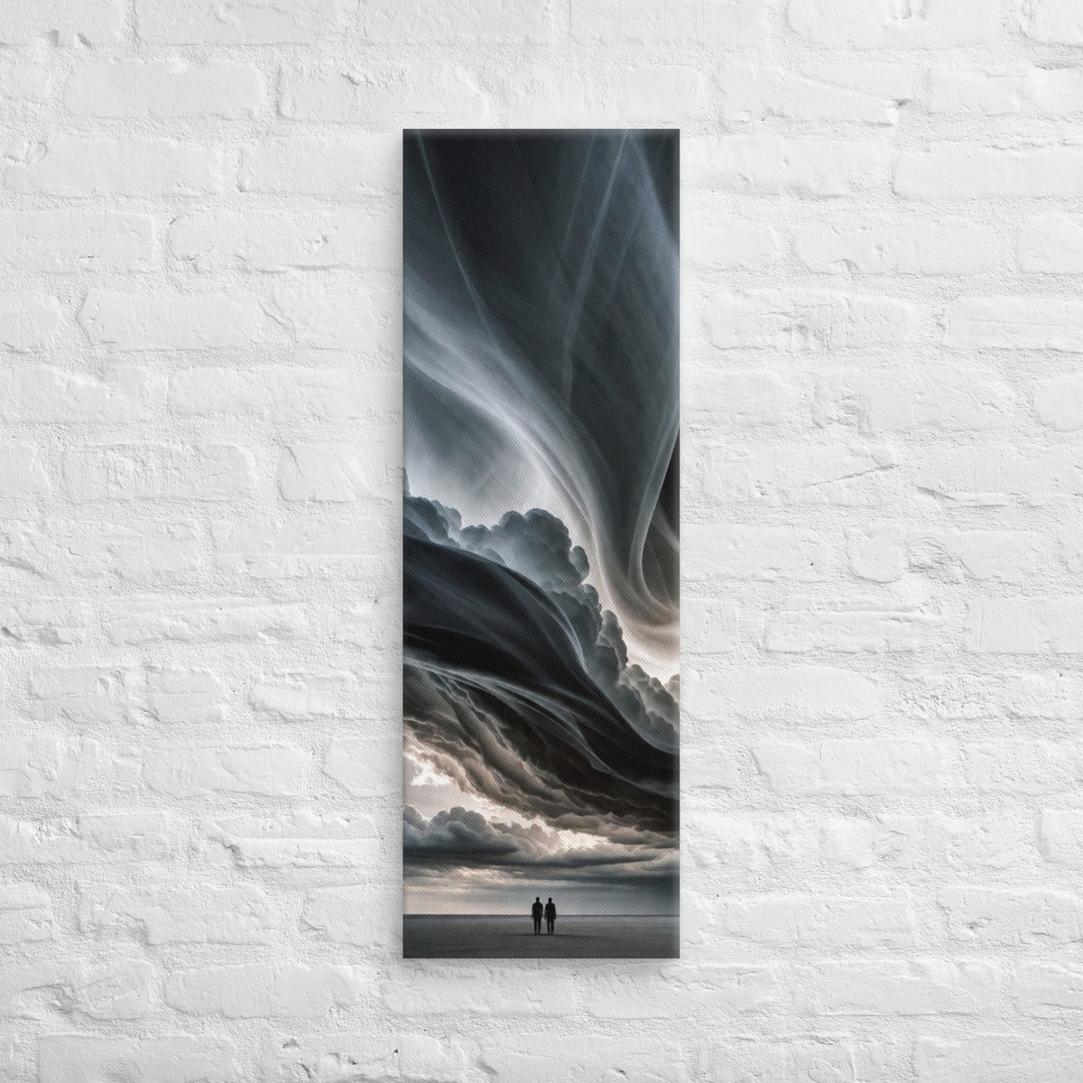 The Folded Sky, tall wrapped canvas print: two figures on an empty plain beneath a dark sculptural folded-cloud sky.
