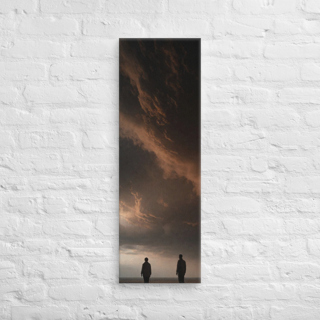 Under Copper Clouds, tall wrapped canvas print: two figures on an empty plain beneath a towering copper-edged storm cloud.