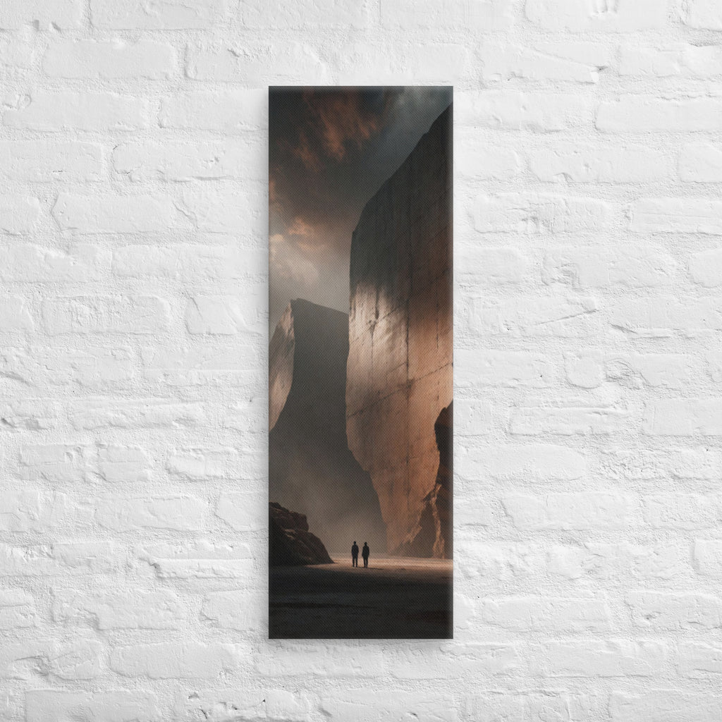 The Copper Monolith, tall wrapped canvas print: two figures dwarfed by colossal copper-lit monoliths rising from haze.