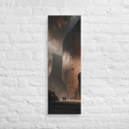 The Copper Monolith, tall wrapped canvas print: two figures dwarfed by colossal copper-lit monoliths rising from haze.