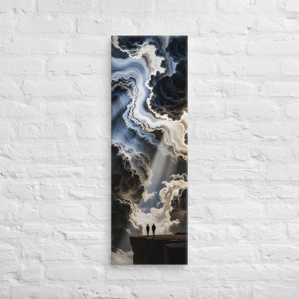 A River Through the Clouds, tall wrapped canvas print: two figures on a cliff edge watching a luminous river of cloud wind between dark peaks.