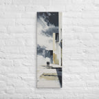 The Long Architectural Shadow, tall wrapped canvas print: two figures crossing a bright abstract plaza of white and gold planes with long shadows.