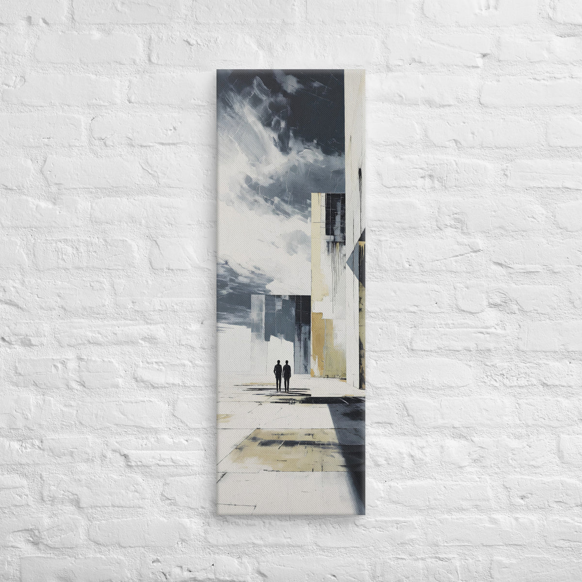 The Long Architectural Shadow, tall wrapped canvas print: two figures crossing a bright abstract plaza of white and gold planes with long shadows.