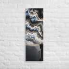 Above the Layered Valley, tall wrapped canvas print: two figures on a cliff rim above a layered valley under marbled churning clouds.