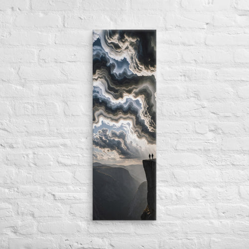 Above the Layered Valley, tall wrapped canvas print: two figures on a cliff rim above a layered valley under marbled churning clouds.