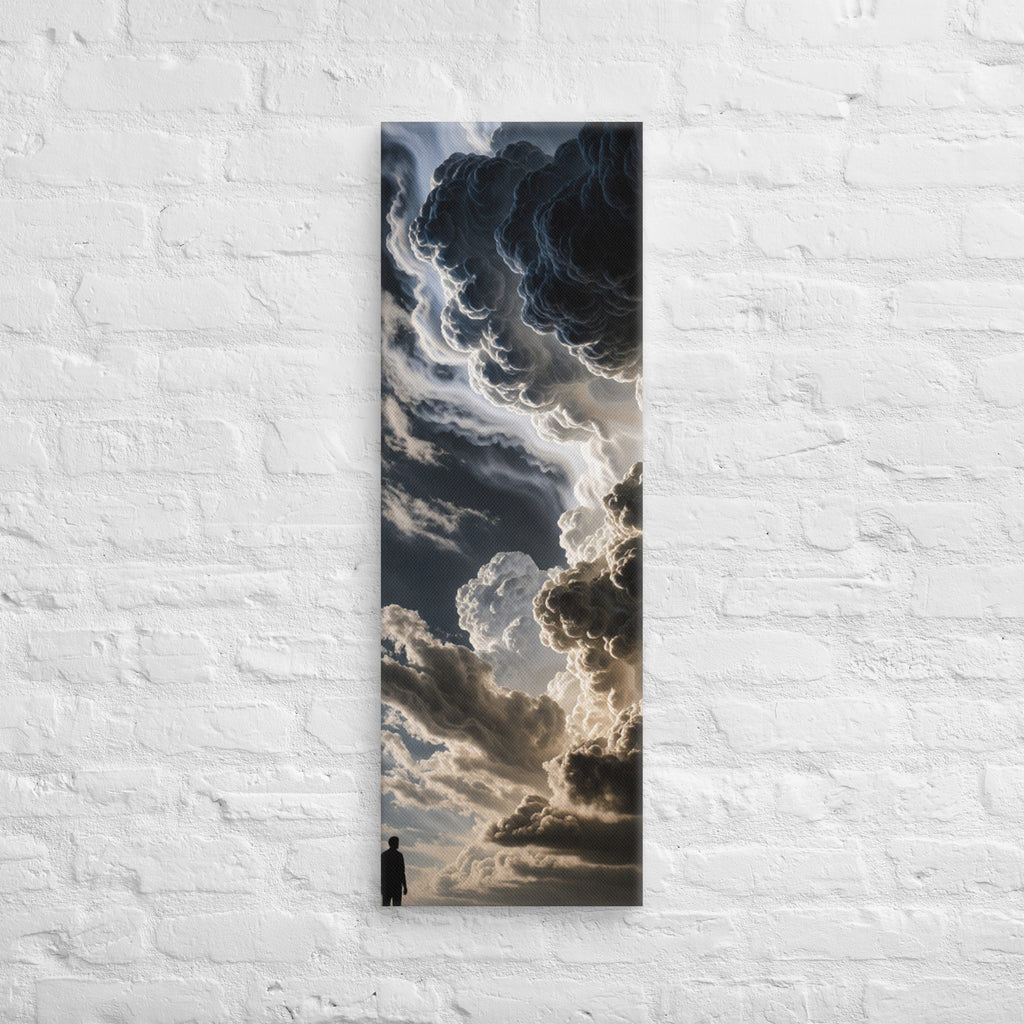 The Luminous Rift, tall wrapped canvas print: a lone figure on a plain beneath a towering rift of luminous cloud with light streaming through.