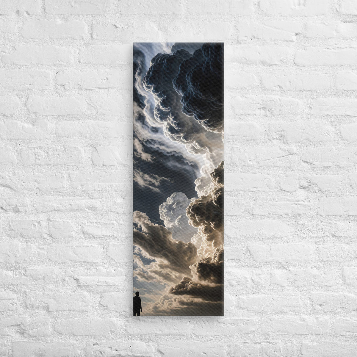 The Luminous Rift, tall wrapped canvas print: a lone figure on a plain beneath a towering rift of luminous cloud with light streaming through.