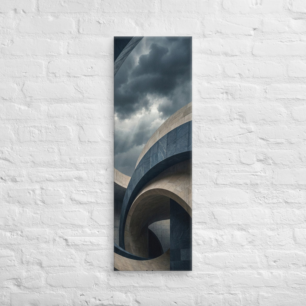 Within the Stone Spiral, tall wrapped canvas print: two figures inside a spiraling curved-stone structure under dark clouds.