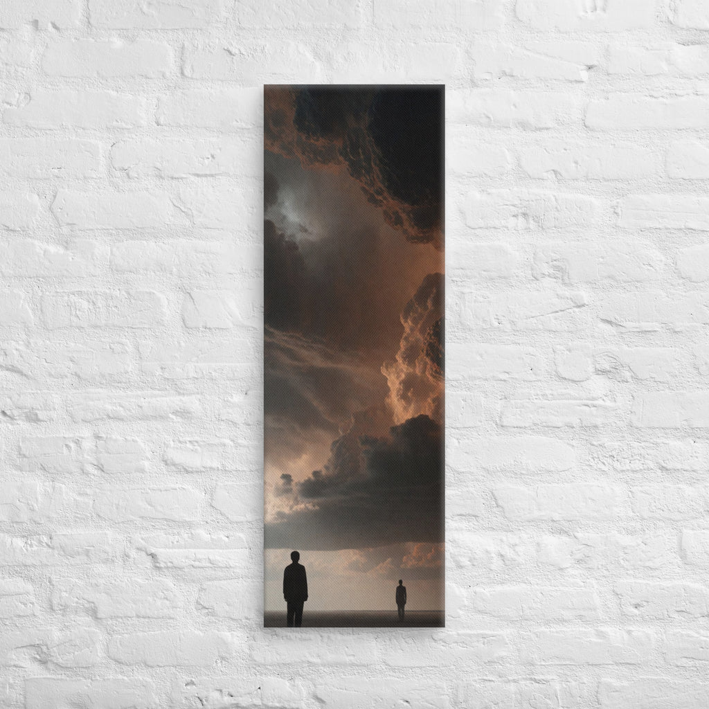 The Distance Between, tall wrapped canvas print: two figures standing far apart on a dark plain beneath a brooding copper-black sky.