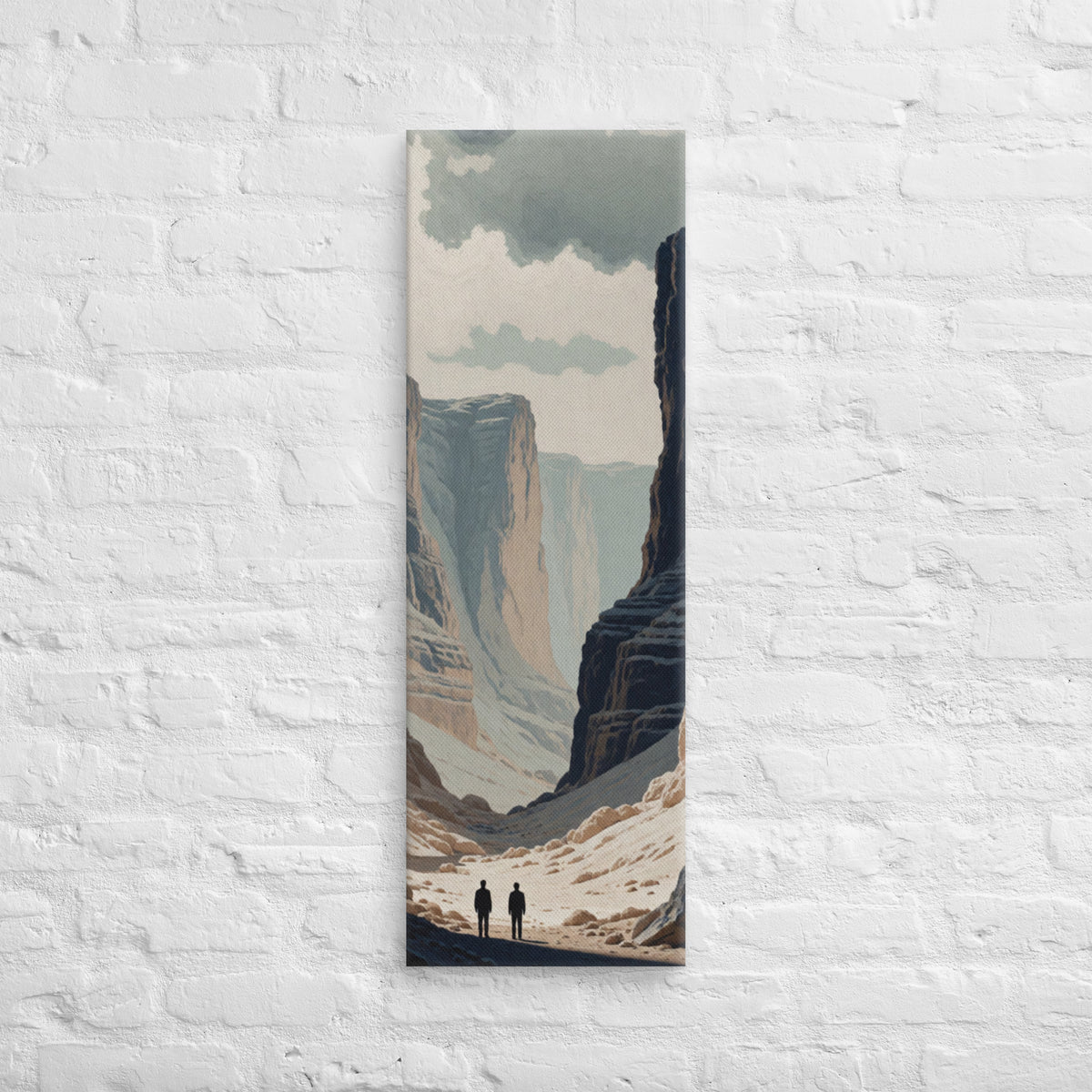 The Pale Canyon Passage, tall wrapped canvas print: two figures walking a pale canyon passage between towering striated cliffs.