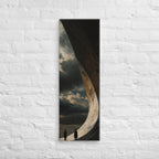 Beneath the Great Curve, tall wrapped canvas print: three figures beneath a colossal curving rock formation arcing overhead.