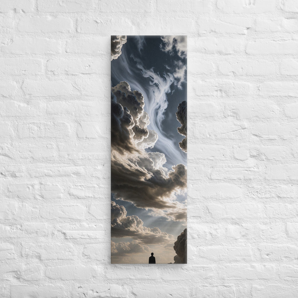 The Sky Unfurling, tall wrapped canvas print: a lone figure beneath unfurling silver-and-ink clouds with light breaking through.