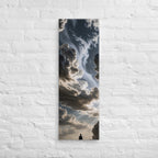 The Sky Unfurling, tall wrapped canvas print: a lone figure beneath unfurling silver-and-ink clouds with light breaking through.