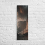 Before the Canyon Walls, tall wrapped canvas print: two figures before immense dark canyon walls under a brooding sky.