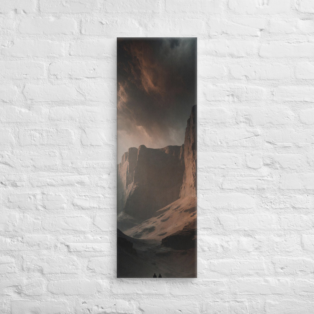 Before the Canyon Walls, tall wrapped canvas print: two figures before immense dark canyon walls under a brooding sky.
